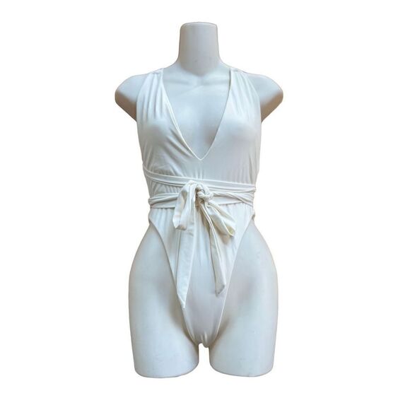 NUDE SWIM DEEP PLUNGE SELF TIE ONE PIECE IVORY CREAM SWIMSUIT NWOT LARGE - Picture 4 of 15